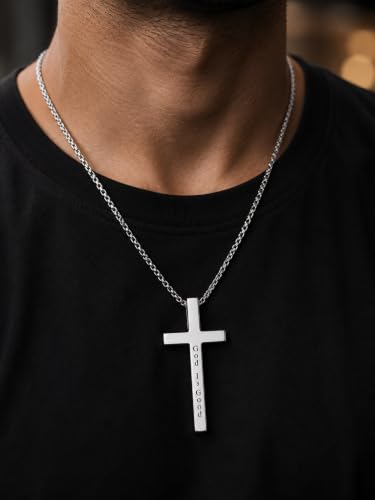 Engraved Cross Necklace for Men, Women & Boys & Girls Cross Necklace, Stainless Steel Cross Pendant Necklace, Faith & Inspiration Christian Jewelry Gift - color: God Is Good