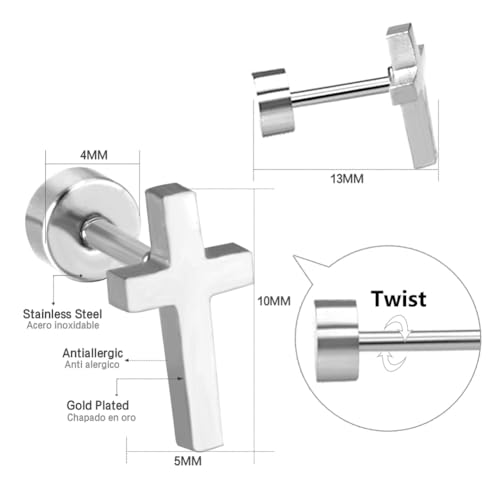 2 pair Cross Screw Flat Back Small Stud Earrings for Women Men Minimalist Surgical Steel Silver Plated Cartilage Tragus Piercing Sleeper Little Studs Hypoallergenic Birthday Gift