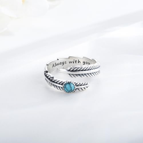 Turquoise/Moss Agate/Moonstone/Black Onyx/Lapis Lazuli/Labradorite/Tiger Eye Feather Ring 925 Sterling Silver Adjustable Ring Western Vintage Jewelry Gifts for Women - color: White-A01