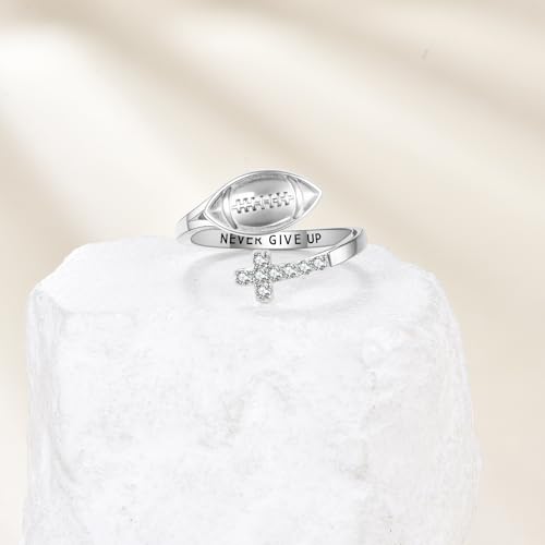YFN Sport Ring Sterling Silver Cross Adustable Ring Never Give Up Jewelry Gifts for Women - color: Football Ring