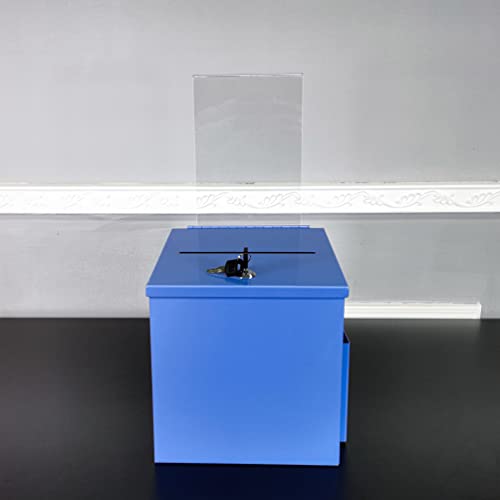 FixtureDisplays® Blue Metal Donation Box Suggestion Tithes Offering Box with Sign Holder 8.5X8.1X18" 10918-Blue+11460-2
