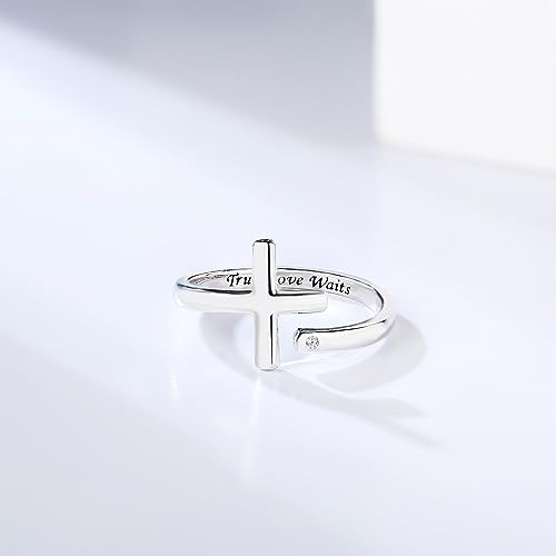 Sterling Silver Cross Rings for Women - Faith Inspirational Adjustable Rings Jewelry Gifts for Christian - style: Ture Love Waits