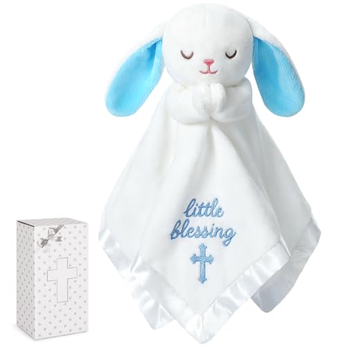 White Bunny Baptism Blanket, Loveys Baptism Gift for Baby Boys - color: White Bunny Blue Ears
