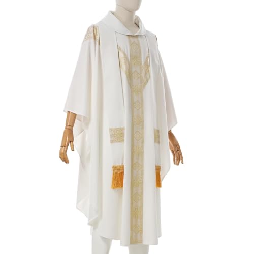 FAD-4U Church Catholic Priest Chasubles Vestments for Church Mass Vestments Robe with Stole - color: White