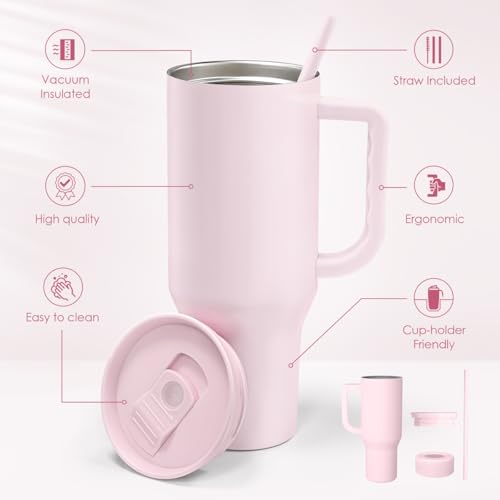 SANDJEST Light Pink 40oz Tumbler with Handle and Straw, Insulated Stainless Steel Travel Coffee Mug for Women Girls, Gift Idea for Birthday Christmas Mothers Day - color: Pink 1