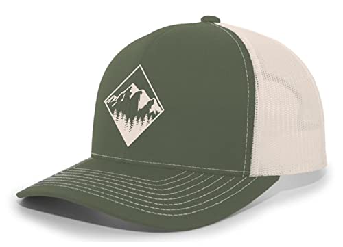 Trenz Shirt Company Men's Retro Geometric Diamond Mountain Outdoors Woodland Embroidered Mesh Back Trucker Hat - color: Moss/Beige