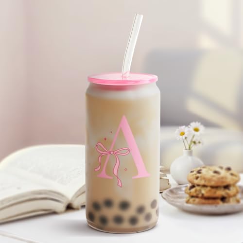 SANDJEST Monogrammed Glass Drinking Can Cup with Acrylic Lid and Straw, Personalized Frosted Iced Coffee Tumbler 16oz, Monogram Initial Gifts for Women Girls on Birthday (A) - color: Letter A