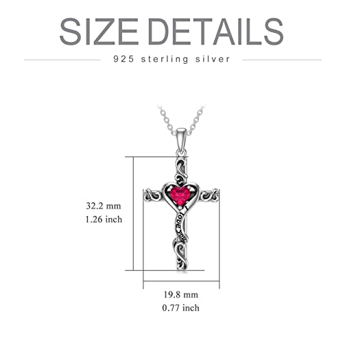TOUPOP Cross Birthstone Necklace for Women 925 Sterling Silver Heart Cross Pendant I Love You Jewelry Anniversary Christmas Birthday Gifts for Wife Mom Her - color: 07-Ruby