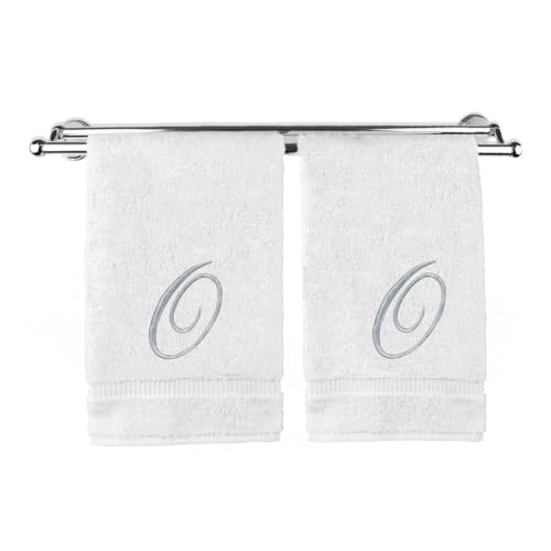 Pretty Monogrammed White Turkish Cotton Bath Hand Towel Set of 2 with Embroidered Silver Script O | 16"x 30" Soft Terry Finish Extra Absorbent Quick Dry Plush Luxury Bathroom Kitchen Spa Bath Towel
