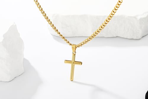 Avotto 316L Stainless Steel Cross Necklace Jewelry Gifts for Men Boys, Silver Gold Black Necklaces 5mm Non-Fading Sturdy Cuban Chain with Cross Pendant 14/16/18/20/22/24Inch - color: Gold, size: 24 inch(60cm)-Extra Long Fit