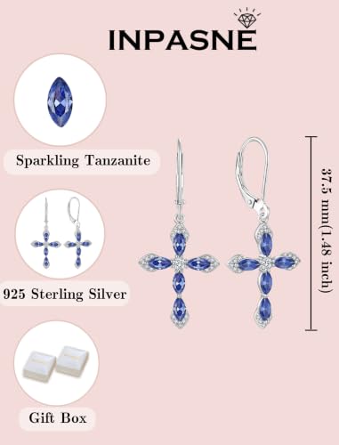 Birthstone Cross Earrings for Women 925 Sterling Silver - color: 12 December - Tanzanite