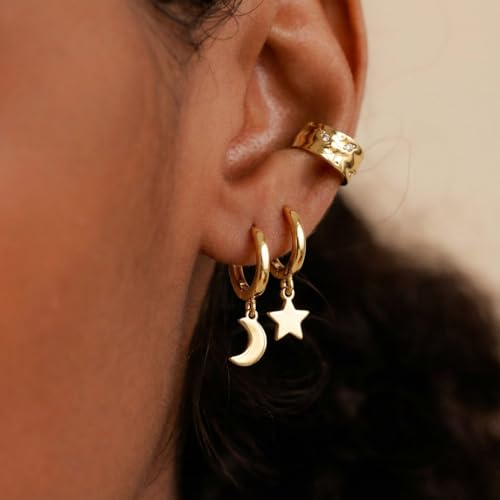 Earrings for Women 14K Gold Plated Huggie Hoop Dangle - color: 01. Star