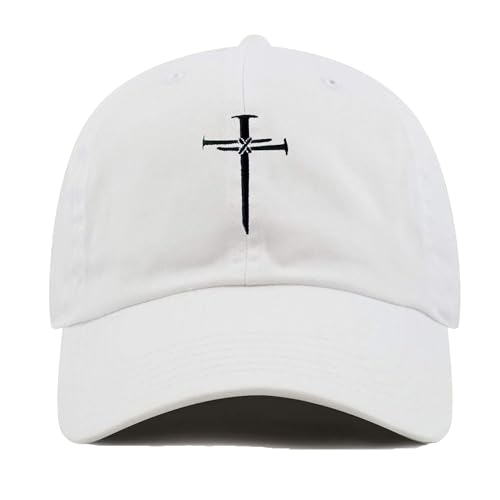 Christian Redeemed Cross Nails Hats for Men Women, Vintage Adjustable Cotton Embroidered Front & Back Baseball Cap - color: Christian-white