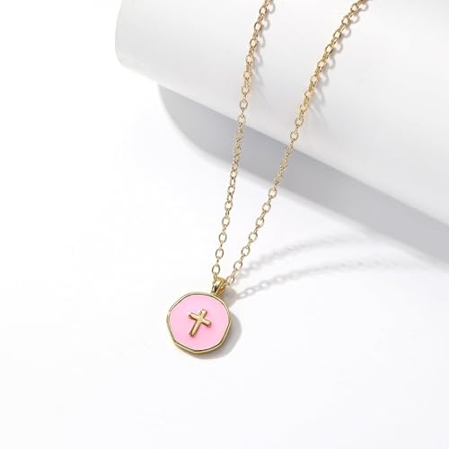 Cute Small Cross Necklace for Teen Girls - color: Pink First Communion Gifts