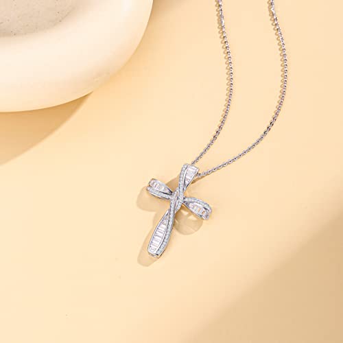 FANCIME Cross Necklace For Women Sterling Silver Cubic Zirconia Twisted Cross Infinity Open Loop Pendant Gift For Women, 18" Extender - color: Sliver Ribbon Shine
