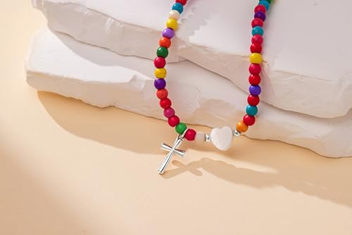 WomenGifts Colorful Beaded Cross Pendant Necklace, Trendy Heart Choker Jewelry for Teen Girls Women, First Communion Confirmation Baptism Catholic Religious Perfect Valentine's Gifts - color: Silver