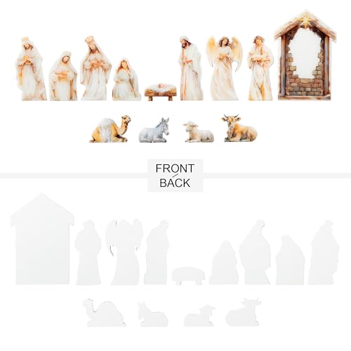 Glitzhome Nativity Scene Set Indoor 8.5",13 Pieces Wooden & Epoxy Resin Nativity Sets & Figures Tabletop Scenes, Nativity Figurines Set for Christmas Indoor Decor with Arch Christian Holy Family - color: Colorful Nativity Figurine