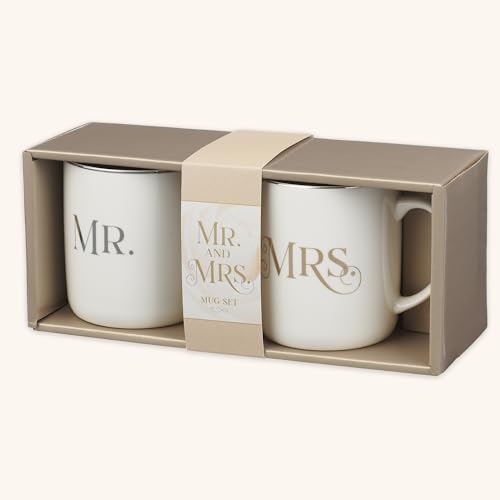 Christian Art Gifts Inspirational Novelty Ceramic Coffee & Tea Mug Set for Husbands & Wives: Mr. & Mrs. Encouraging Scripture, Weddings, Anniversaries, White/Silver/Gold, Pack of Two Large 14 oz. Cups