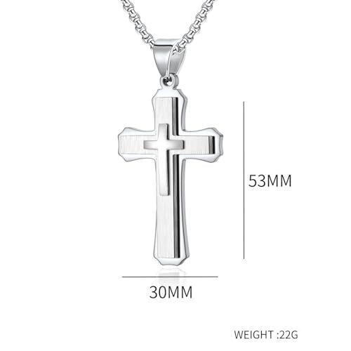 Large Cross Necklace for Men, Stailess Steel Silver Black Gold Cross Triple Layer Big Cross Pendant Unisex Faith Jewelry Gift for Prayer 28 Inches Box Chain - color: Silver silver