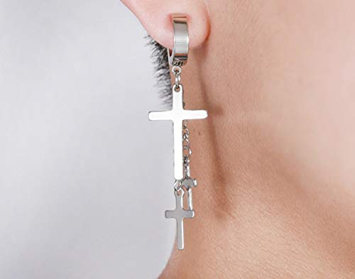 Non-pierced Earrings Set for Men Women Cross Titanium Steel Hoop Dangle Clip On Earring - style: set of silver