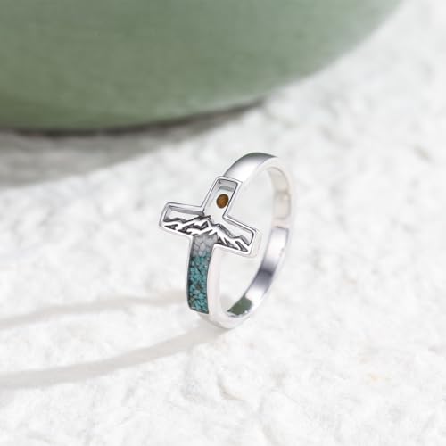 Mustard Seed Ring 925 Sterling Silver Turquoise/Opal/Malachite/Abalone Mountain Cross Ring Jewelry Gift for for Women Girlfriend - style: Turquoise