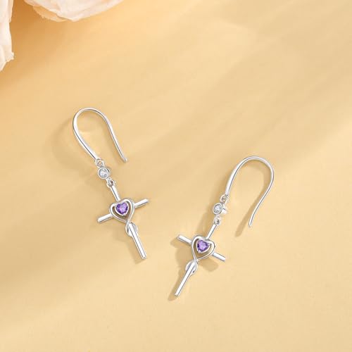 FANCIME Gift for Women Cross Dangle Drop Earrings 925 Sterling Silver Heart Birthstone Earring Fine Jewelry Birthday Gifts for Her Women - color: 02-Amethyst