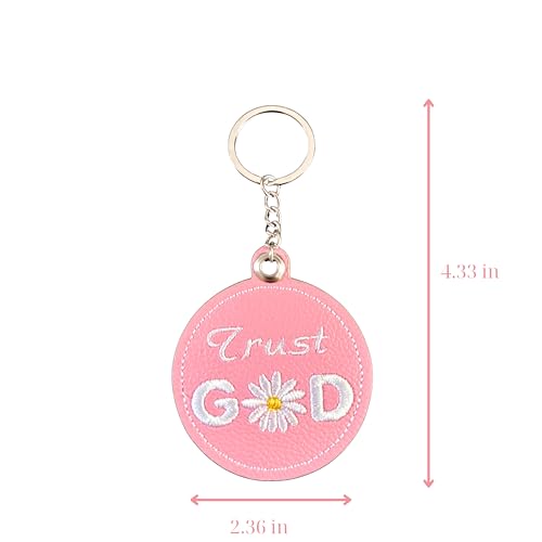 Handmade Jesus Keychain Pink PU Leather Embroidered Inspirational Quote Bag Charm, Christian Faith Keychain - color: Trust God