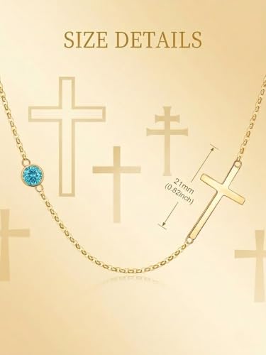 OJK 14K Gold Cross Necklace for Women Sideways Cross Birthstone Jewelry - color: 12-Topaz