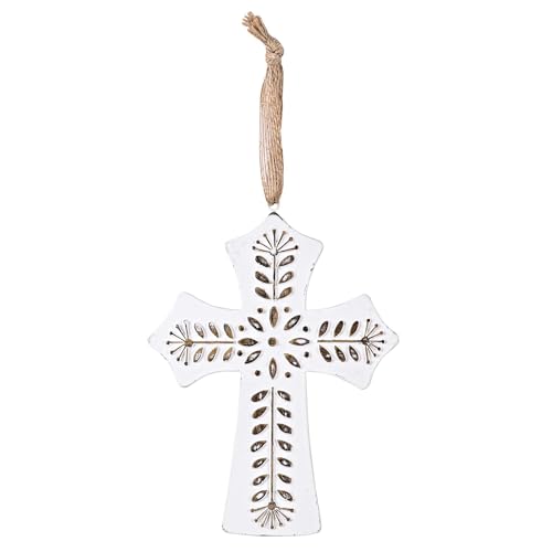 Dicksons Raised Floral Detain Cross with Burlap Hanger, White Wash/Brown 6.25 x 4.75 Inch Resin Wall Art Plaque
