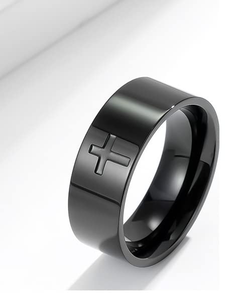 COLORFUL BLING 8MM Mens Cross Rings Stainless Steel Religious Rings Christian Prayer Ring for Couples Cross Wedding Band for Men Size 6-12 - color: Black