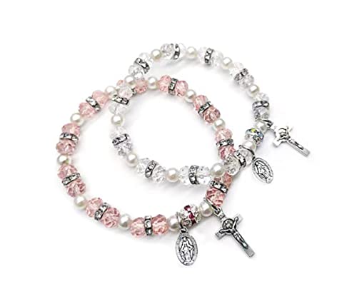 Crystal Cross Bracelet Elastic Beads Stretch Rosary Bracelet with Crucifix and Miraculous Medal for Women Girls - color: pink