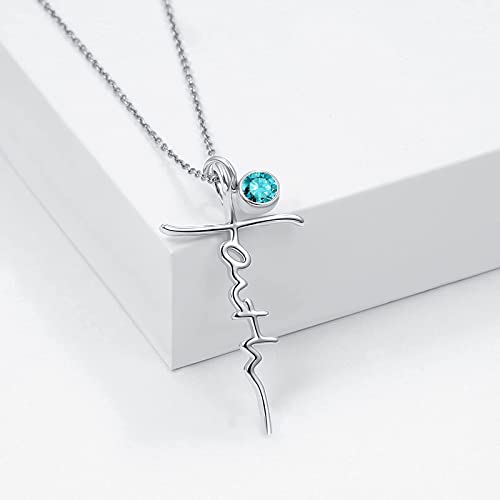 PRAYMOS Faith Cross Necklace for Women 925 Sterling Silver Pendant Necklace With Birthstone Initial Christian Religious Confirmation Baptism Mothers Day Gifts - color: 2-Silver December(Blue Topaz)