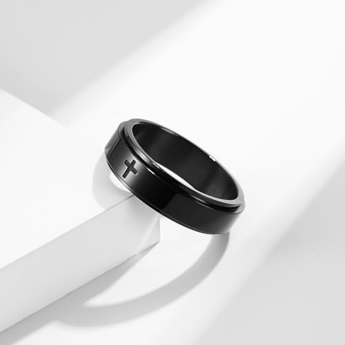 Minimalist Cross Stainless Steel Spinner Ring Anxiety Stress Relieving Rotating Fidget 6mm Band Rings for Men Women Christian Religious Relief Couple Cool Jewelry - color: black 7