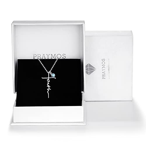 PRAYMOS Faith Cross Necklace for Women 925 Sterling Silver Pendant Necklace With Birthstone Initial Christian Religious Confirmation Baptism Mothers Day Gifts - color: 2-Silver March(Aquamarine)