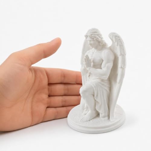 White Kneeling Praying Male Angel Statue, Plastic Figurine with Hands Clasped for Tabletop, Shelf and Desk Display