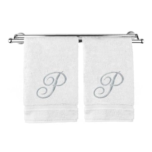 Pretty Monogrammed White Turkish Cotton Bath Hand Towel Set of 2 with Embroidered Silver Script P | 16"x 30" Soft Terry Finish Extra Absorbent Quick Dry Plush Luxury Bathroom Kitchen Spa Bath Towel