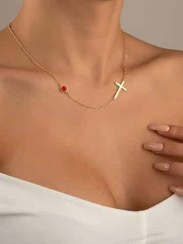 OJK 14K Gold Cross Necklace for Women Sideways Cross Birthstone Jewelry - color: 07-Ruby