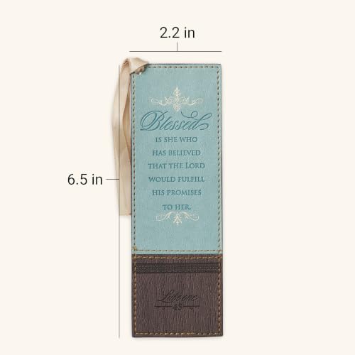 Christian Art Gifts Faux Leather Scripture Bookmark: Blessed is She - color: Brown/Blue - Blessed