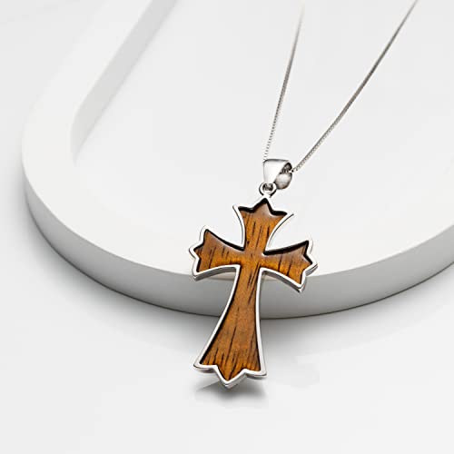 Sterling Silver Koa Wood Inlay Cross Crucifix Necklace Pendant with 18" Box Chain, Nickel Free Hypoallergenic for Sensitive Skin, Gift Box Included - color: Trinity Cross