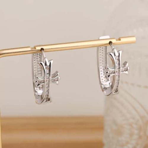 14K Gold Plated Cross Hoop Earrings for Women, Crystal Huggie Earrings, Elegant Faith Jewelry Gift - color: silver