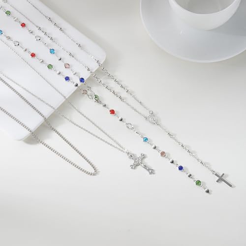 Layered Cross Necklace Set for Women Men – Multi Chain Gold Silver Cross Pendant Jewelry with Rhinestone Accents, Vintage Punk Gothic Style Jewelry Gifts - color: D: Silver