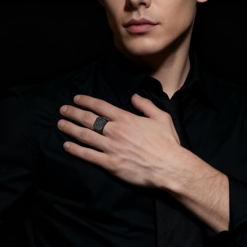 Men's Stainless Steel Cross Signet Ring, Vintage Style with Cross and Shield Patterns for mens ring with 3 Colors Steel/Gold/Black, Sizes 7-13 - color: black