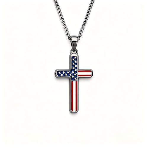 American Flag Cross Pendant Necklace, Silver-Tone, Stars and Stripes, Patriotic Religious Jewelry,for a gift box - color: gold +silver+black1