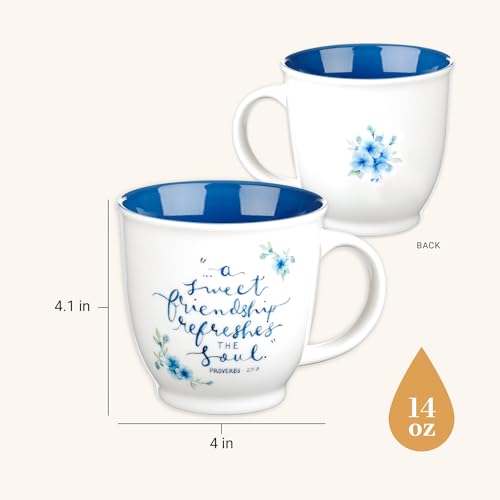 Christian Art Gifts Blue Floral Ceramic Coffee Mug – 14 oz. Microwave and Dishwasher-safe Inspirational Scripture Coffee and Tea Mug for Friends with Bible Verse: A Sweet Friendship – Proverbs 27:9 - color: Blue/Sweet Friendship