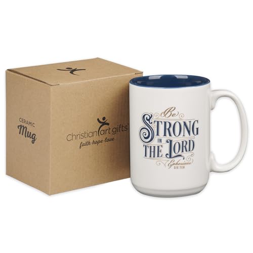 Christian Art Gifts Large Inspirational Scripture Ceramic Coffee & Tea Mug – Strong in the Lord Bible Verse, Christian Gift for Men & Women, White & Blue, 14 oz, Lead & Cadmium-Free, Faith Drinkware - color: White & Blue/Strong in the Lord