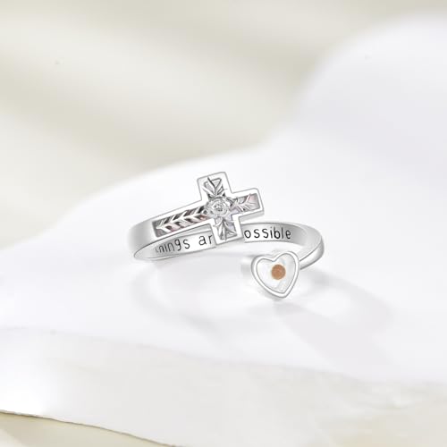 Mustard Seed Cross Ring 925 Sterling Silver Opal/Blue Opal Jewelry Faith Adjustable Ring Gifts for Women Lover - style: Opal Mustard Seed