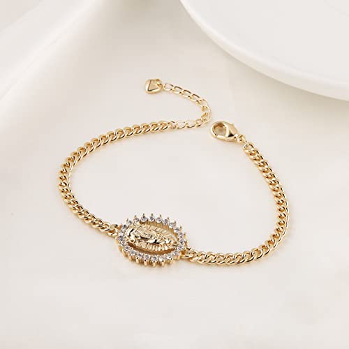 HZMAN Brass Virgin Mary Cross Rosary Bead Bracelet for Women - color: Virgin of Guadalupe & Cuban chain