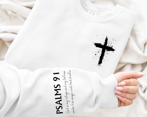 MOUSYA Women Christian Sweatshirt Psalms 91 Sleeve Print Sweatshirt Bible Verse Pullover - color: White, size: XX-Large