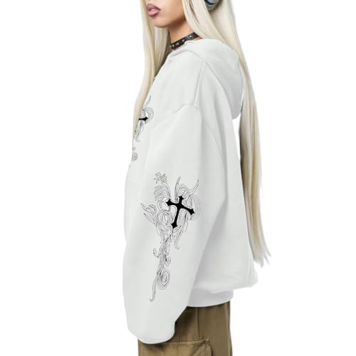 Zip Up Hoodies Y2k Jacket Graphic Gothic Jackets Grunge Cross Hoodie Baggy Streetwear Emo Sweater Aesthetic Clothes - color: White, size: Small