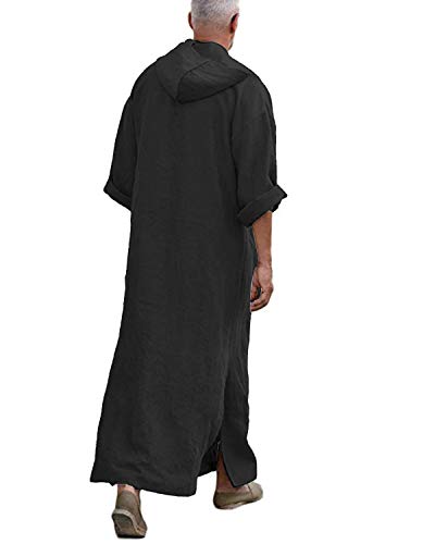 Jacansi Men's 65% Cotton 35% Linen Kaftan Thobe, Long Sleeve Casual Arabic Robe, Loose Long Gown with Pockets - color: 3# Black, size: Large